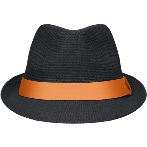 A black fedora hat with an orange band and a small logo on the side.