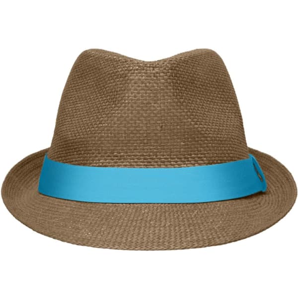 A tan fedora with a bright blue band. The hat features a logo on the side.
