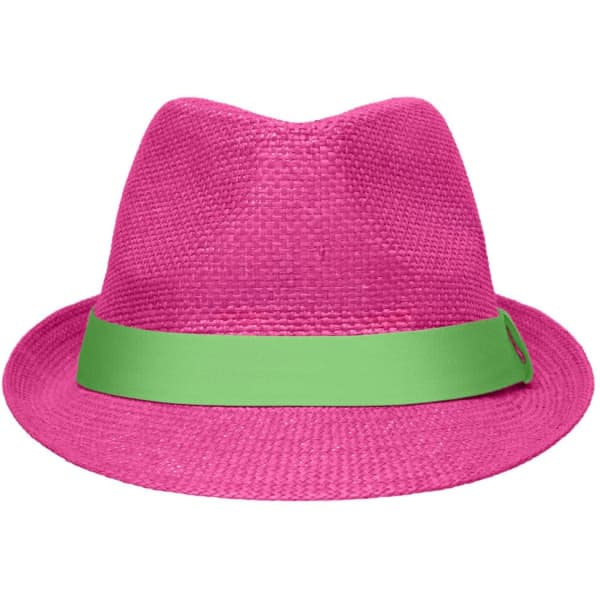 A pink fedora hat with a green band, featuring a logo on the side.