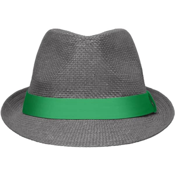 A grey fedora hat with a green band, featuring a logo on the side.