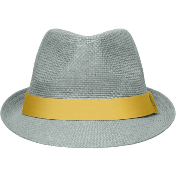 A light grey fedora hat with a yellow band and a small logo.