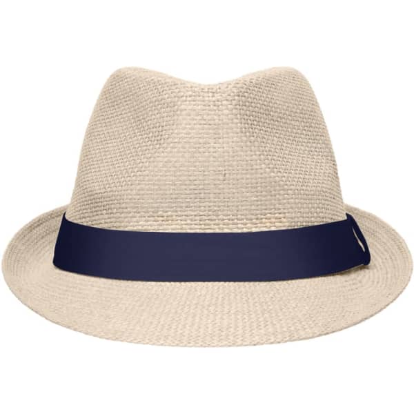 A straw fedora hat in beige with a navy blue band, featuring a logo.