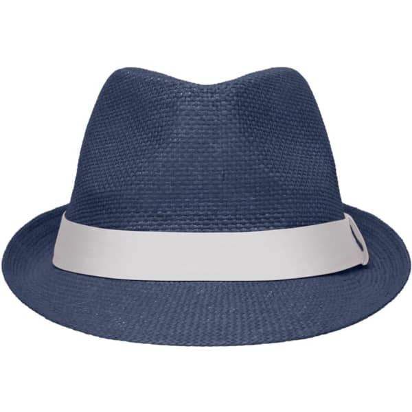 A navy fedora hat with a white band and a logo. The hat features a classic, stylish design.