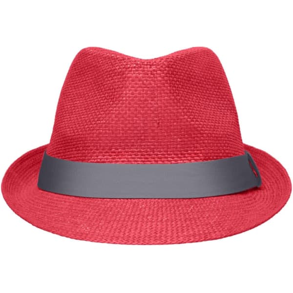 A red fedora hat with a grey band, featuring a logo on the side.