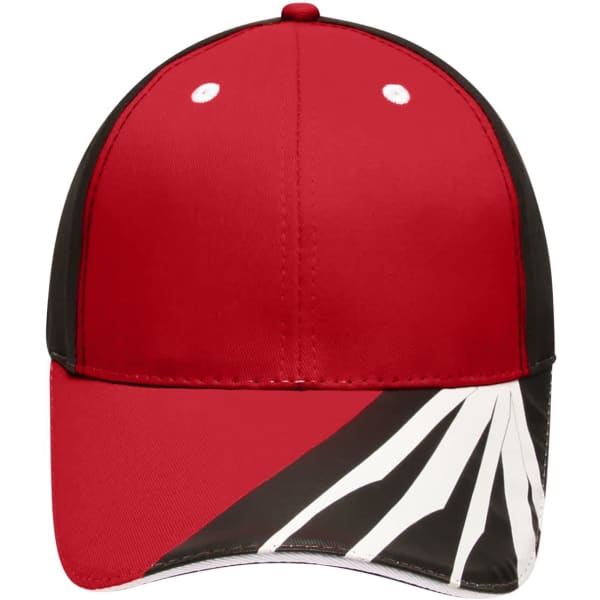 A red and black 6 panel cap with a stylish white and black graphic on the peak and a logo on the front.