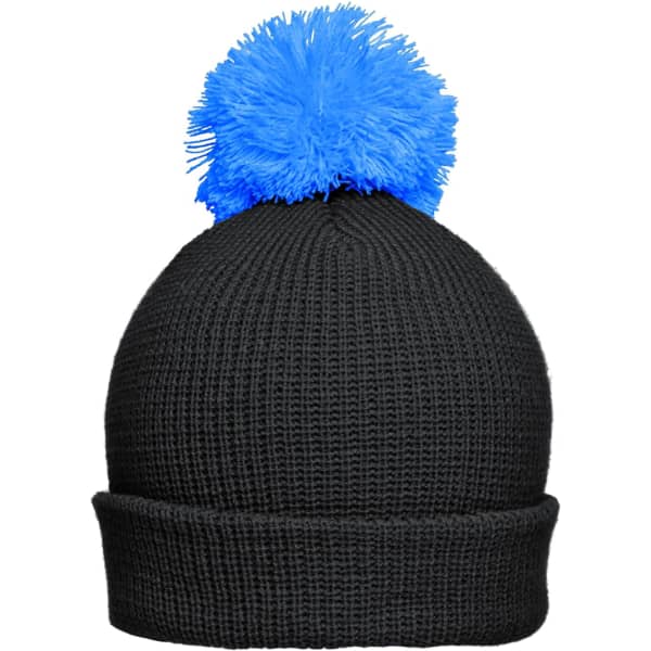 A black knit hat with a blue pompom on top, featuring a snug fit and a folded brim.