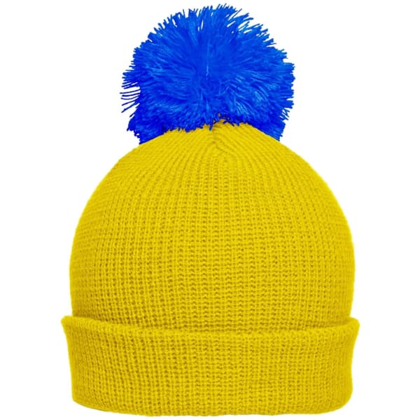 A yellow beanie hat with a blue pompon on top, featuring a ribbed texture and a snug fit.