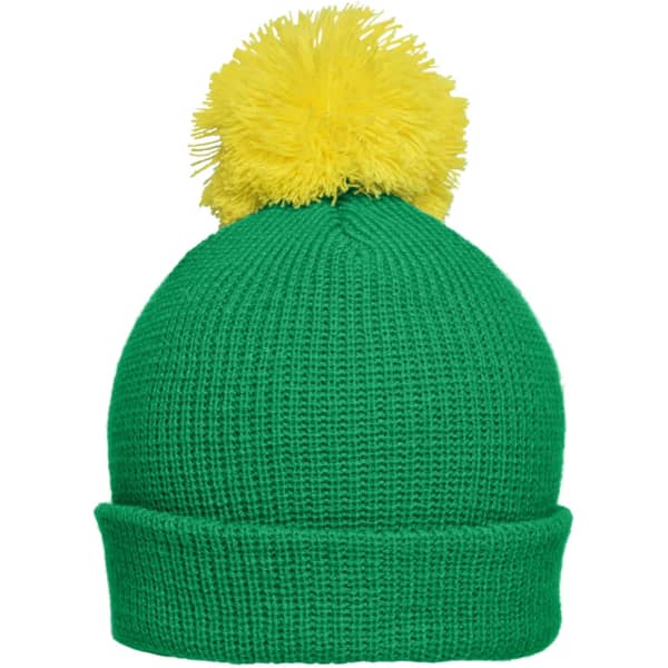 A green knitted hat with a yellow pompon on top. It features a rolled brim and a textured design.