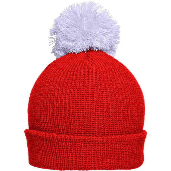 A red pompon hat with a grey pompom on top. The hat features a ribbed design and a folded brim.
