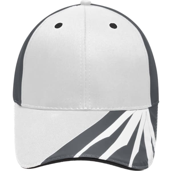 A grey and white 6 panel cap featuring a geometric design on one side and a logo on the front.