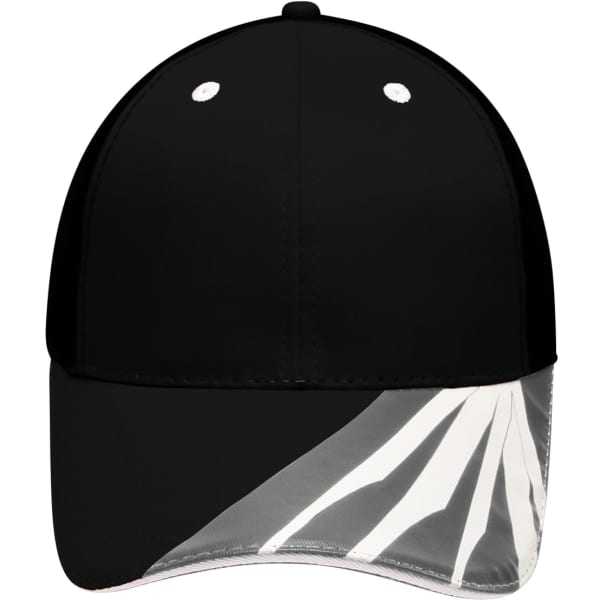 A black 6-panel cap with a transparent visor featuring white graphic designs and a logo.