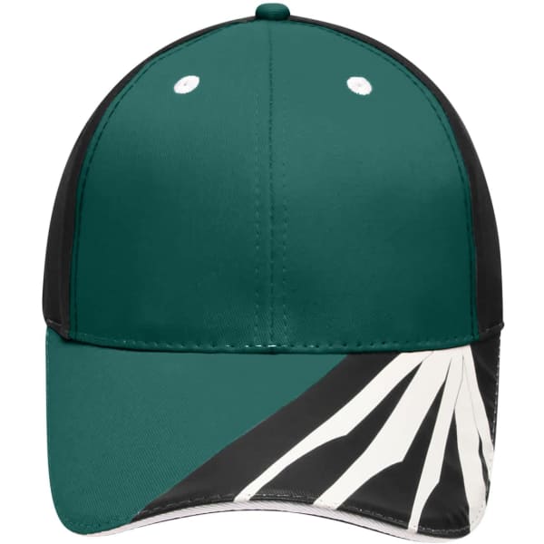 A cap featuring a green and black design with a white graphic on the front. Includes a logo.