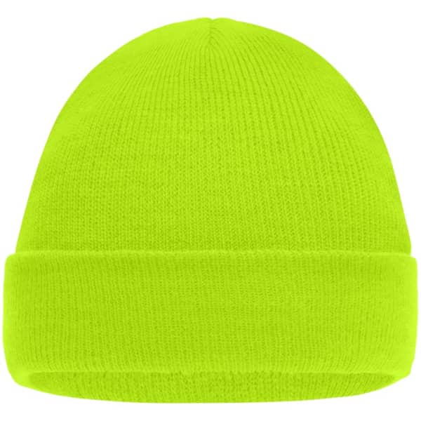 A knitted cap for kids in bright neon green with a folded cuff. It has a simple design.