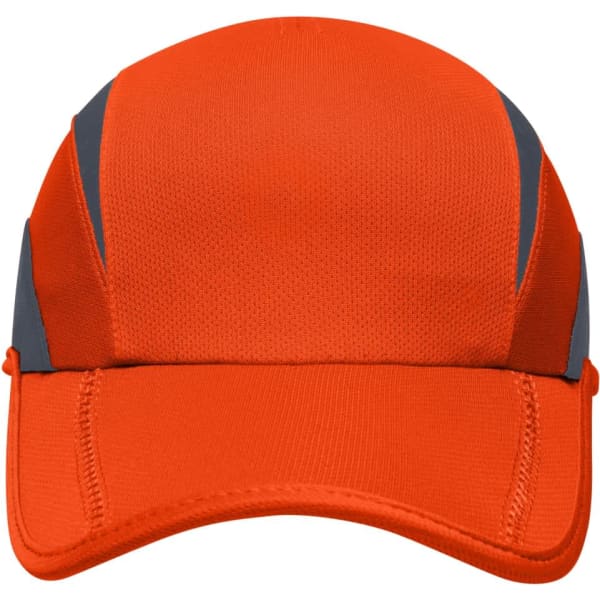 An orange and grey three-panel sports cap featuring a logo. Suitable for active wear and outdoor activities.