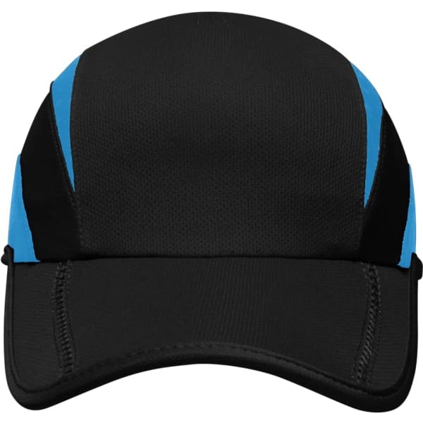 A black sports cap features blue accents, designed with a three-panel structure and includes a logo.