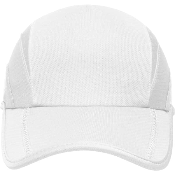 A white three-panel sports cap with mesh side panels and stitching details. It features a logo on the front.