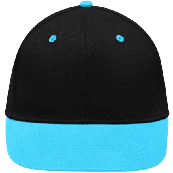 A black cap with a bright blue peak and top buttons, featuring a logo on the front.