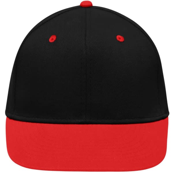 A 6 panel cap featuring a black body and a red peak, with eyelets and a logo.