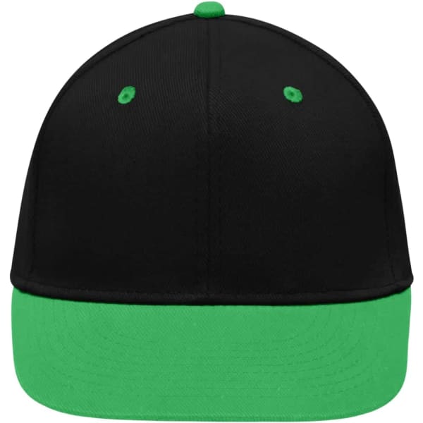 A black cap with a green peak and top, featuring ventilation holes and a logo.