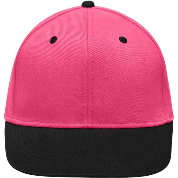 A bright pink cap with a black peak, featuring ventilation holes and a logo on the front.