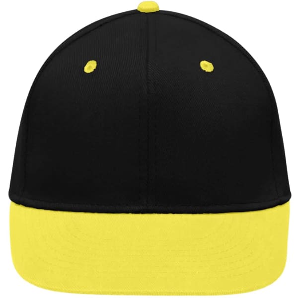 A black cap with a yellow brim and yellow accents, featuring a logo on the front.