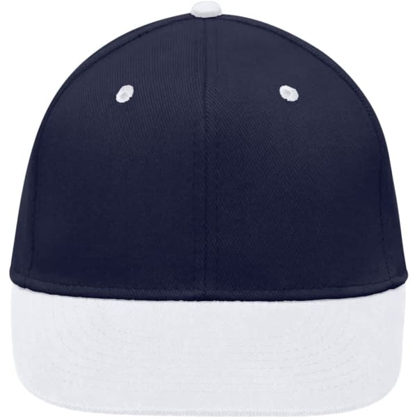 A navy and white 6 Panel Pro Cap featuring a flat brim and a logo on the front.