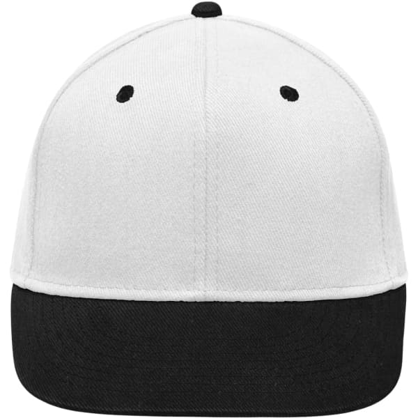 A six-panel cap featuring a white top and a black visor, with ventilation holes and a logo.