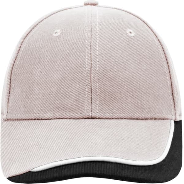 A cap featuring a beige upper and a black brim, with a logo on the front panel.