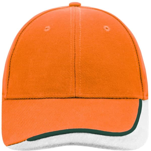 An orange cap with a white brim and a green accent. It features a logo on the front.