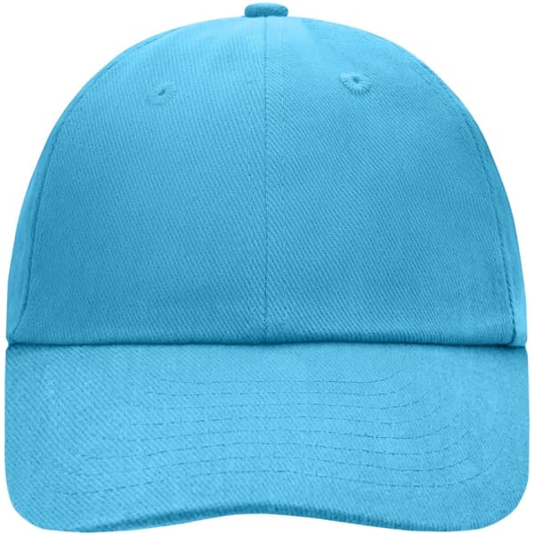 A bright blue 6 Panel Raver Cap with a curved peak and a logo on the front.