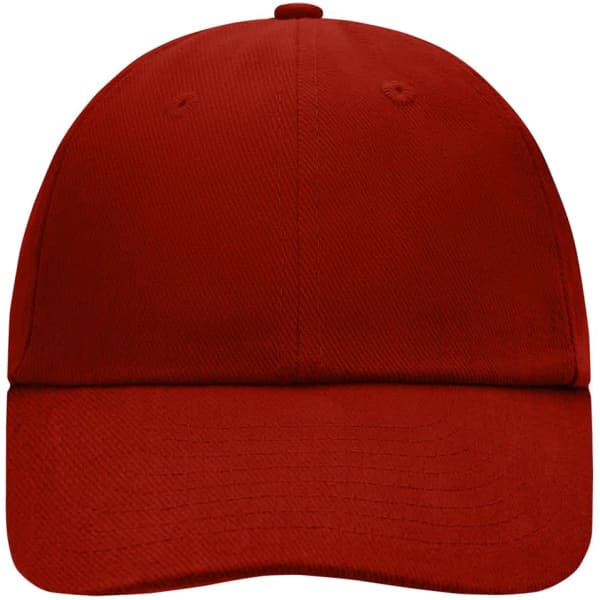 A red 6 panel raver cap with a curved brim and a logo on the front. Suitable for casual headwear.