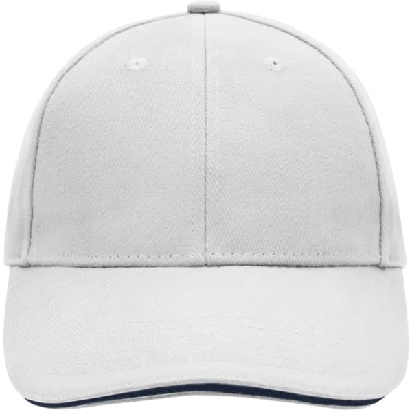 A grey 6-panel sandwich cap with a curved brim and an adjustable strap at the back, featuring a logo.