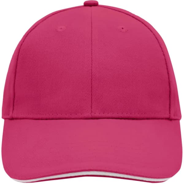 A pink 6 panel sandwich cap with a curved brim, featuring a logo on the front.