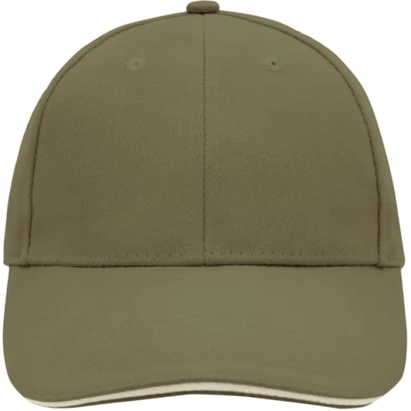 A khaki 6 panel sandwich cap with a curved brim and a structured crown, featuring a branding logo.