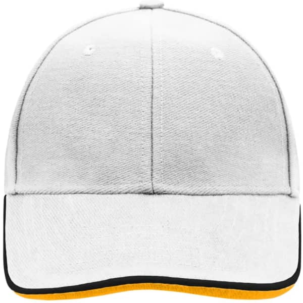 A white 6 panel double sandwich cap with a yellow and black trim, featuring a logo on the front.