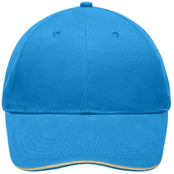 A bright blue cap with a curved visor and contrast stitching, featuring a logo on the front.