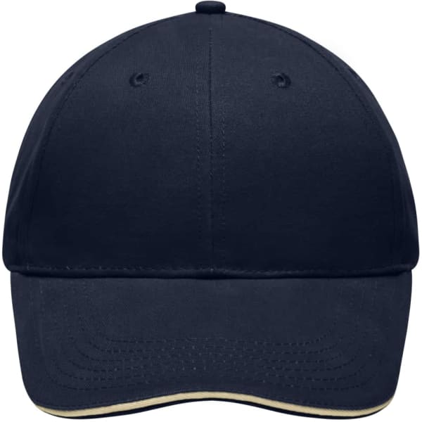 A navy blue cap with a light brushed finish and a logo on the front.