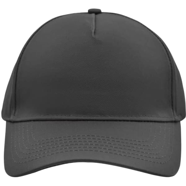 A grey 5 panel cap featuring a structured design and a front panel with a logo.