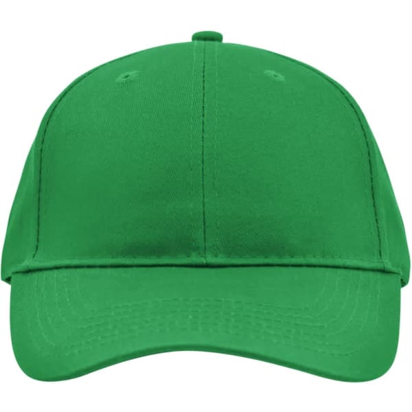 A green brushed 6 panel cap with a curved peak and an adjustable strap, featuring a logo on the front.