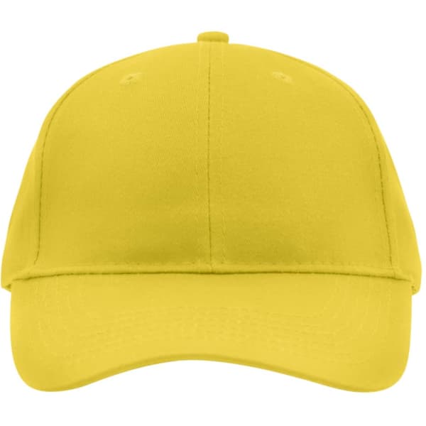 A bright yellow brushed 6 panel cap with a curved brim and a logo on the front.