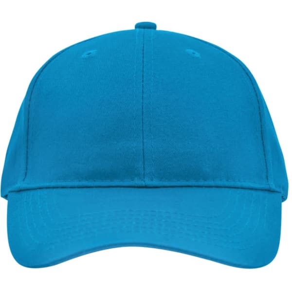 A bright blue brushed 6 panel cap with a curved brim and an adjustable strap at the back. Features a logo.