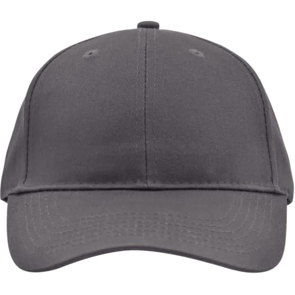 A grey brushed six-panel cap featuring a curved brim and a structured fit. It has a logo on the front.