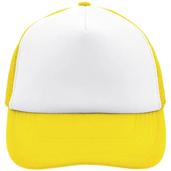 A yellow and white 5 Panel Polyester Mesh Cap with a structured front and mesh side panels. It features a logo.