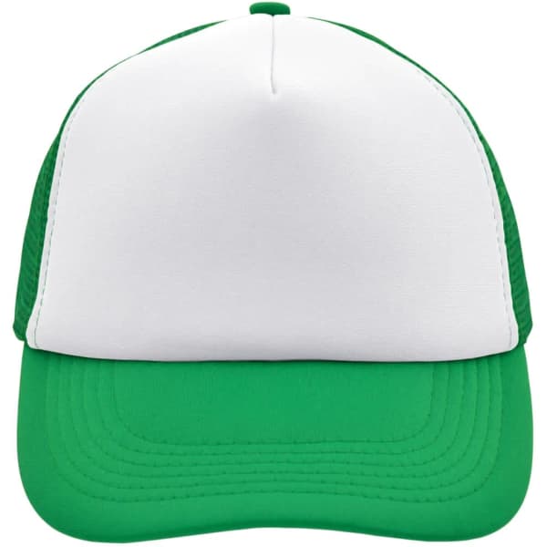 A green and white 5 Panel Polyester Mesh Cap featuring a plain front panel and mesh sides.