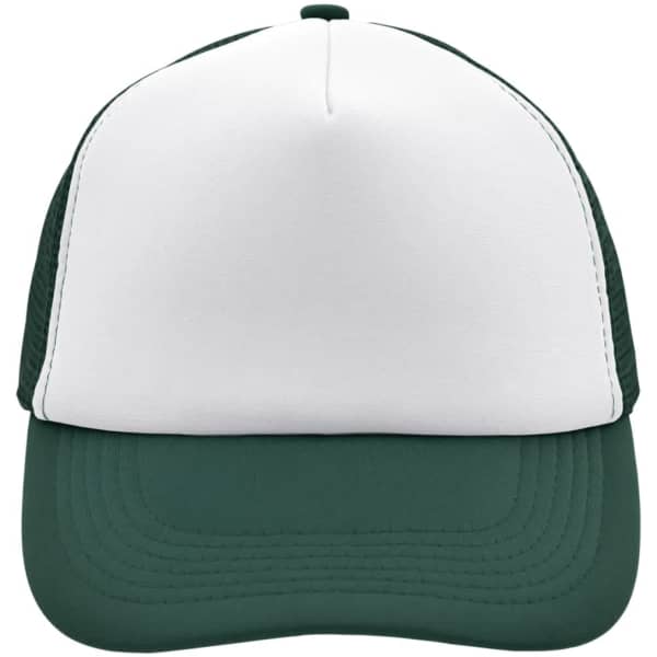 A green and white 5 panel polyester mesh cap with a logo on the front.