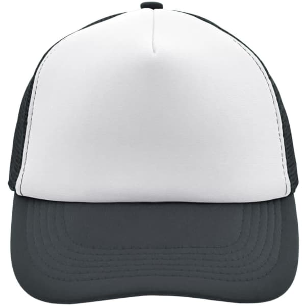 A 5-panel polyester mesh cap in black and white, featuring a structured design and a logo on the front.