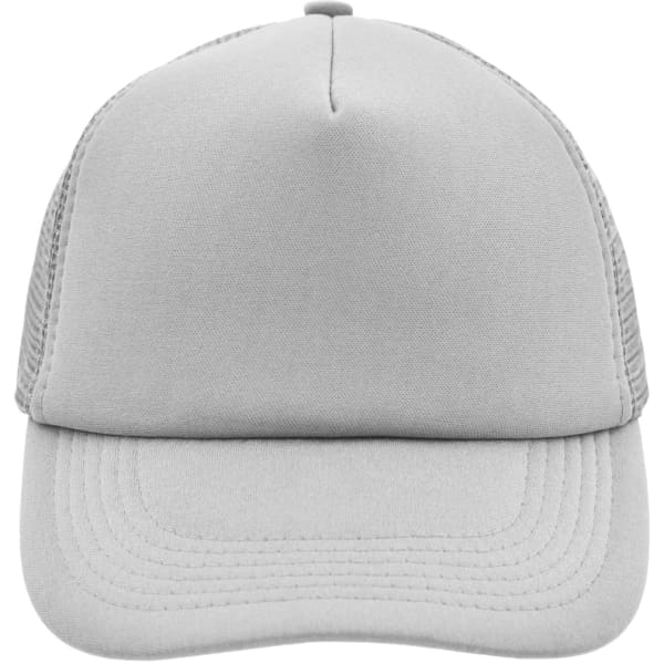 A five-panel polyester mesh cap in light grey with a structured front and mesh side panels.