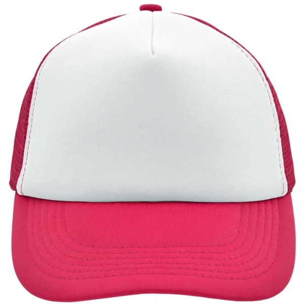 A 5 panel cap featuring a red front and mesh back, with a plain design and a logo.
