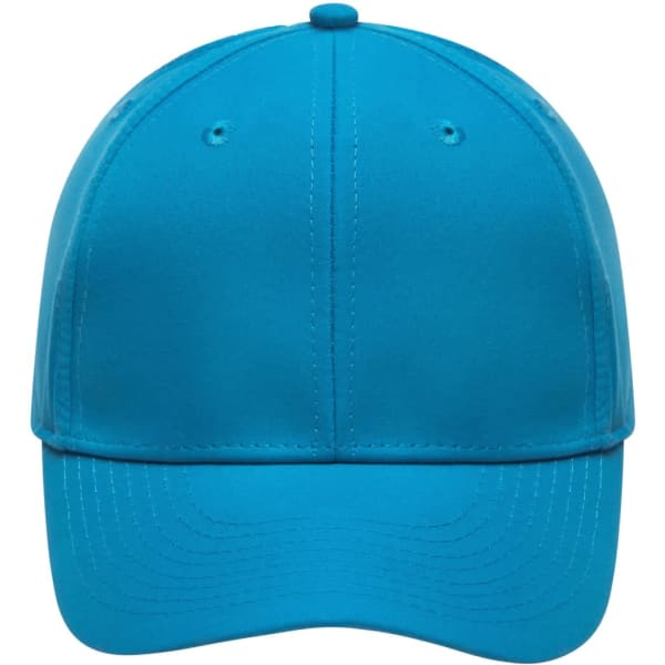 A bright turquoise 6-panel polyester cap with a curved brim and an adjustable strap, featuring a logo.