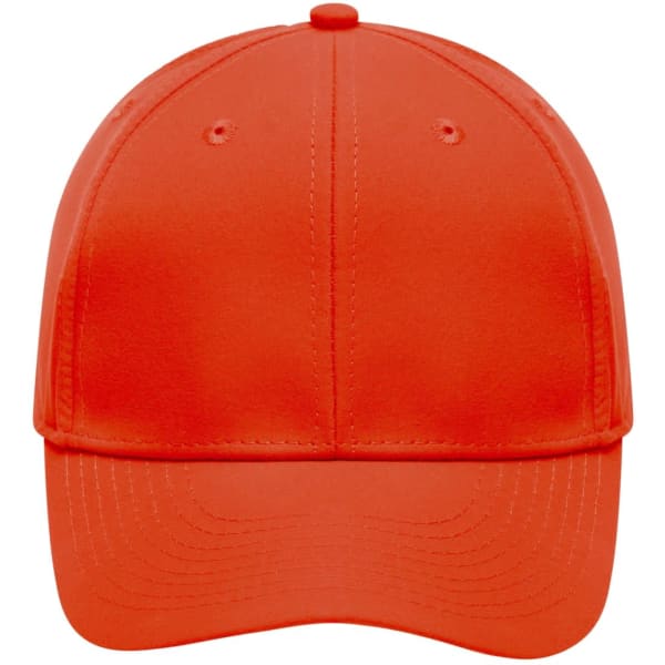 An orange 6-panel polyester cap with a structured front and a logo on the front.
